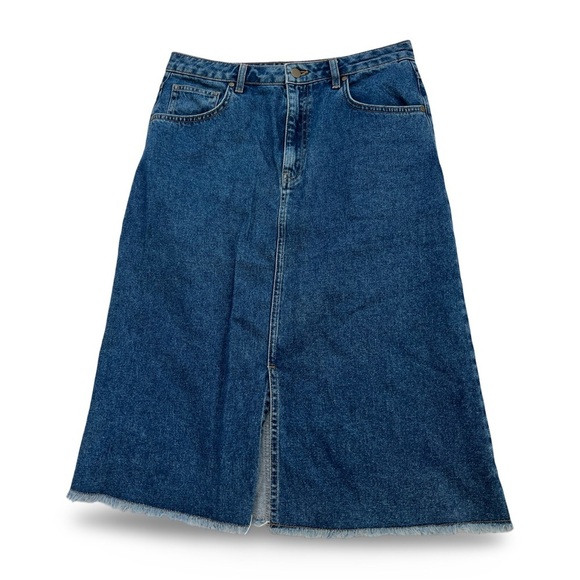 Karen by Simonsen Danish Design Denim Midi Skirt Fringed Hem Size 10 Blue Fall - Picture 1 of 4